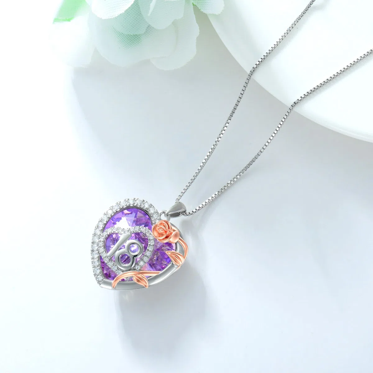 Cadeau d'anniversaire pour fille - En argent sterling 925 - Pendentif en forme de rose - Cœur - Cristal - Cadeau d'anniversaire - Cadeau pour fille de 18 ans, Argent sterling,