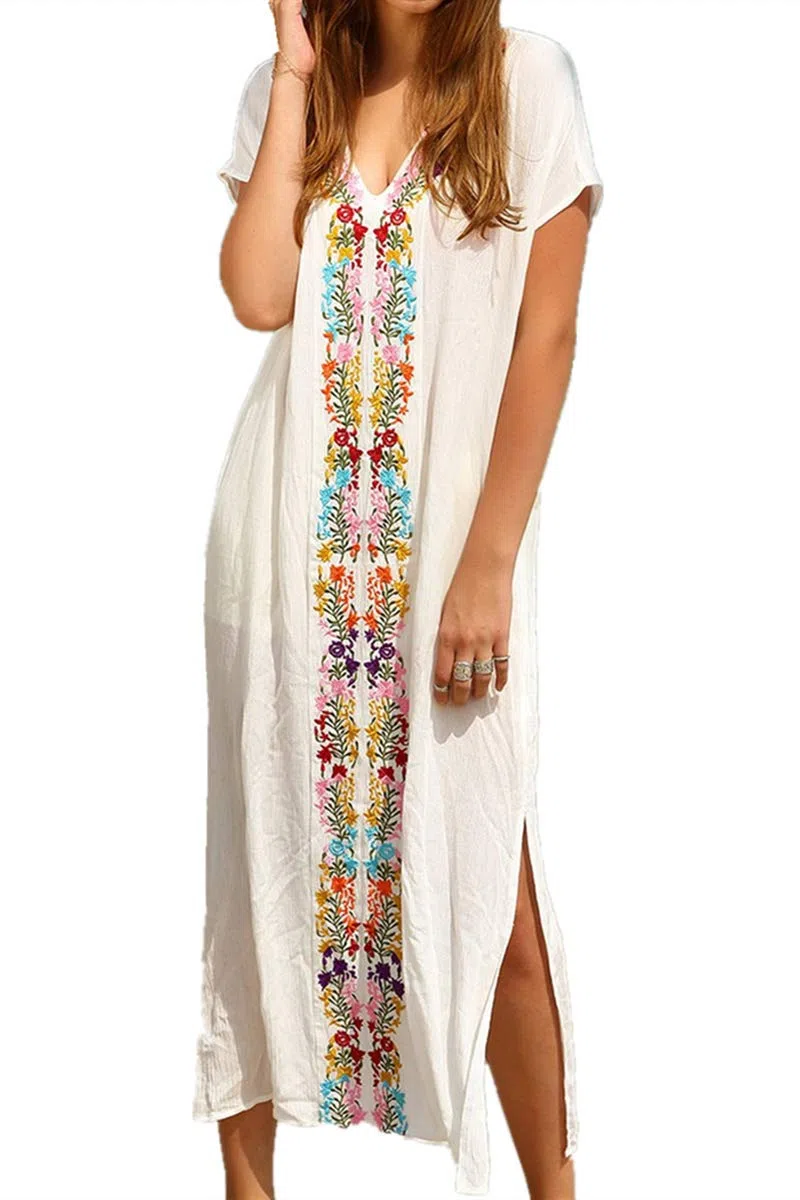 Coton D'été Brodé Floral Lâche Caftan Boho Beach Bikini Cover Up Dress Grande Taille Robe pour Les Femmes