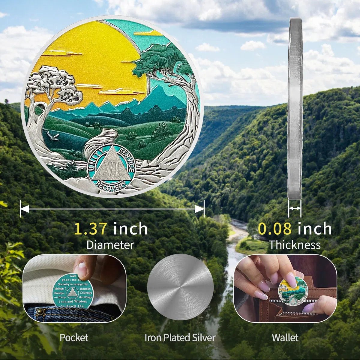 Pièce de sobriété de 6 ans – Médaillon solaire – Puces AA et médaillon pour homme et femme – Jeton de convalescence – Cadeau d'anniversaire de mariage – Pièce d'arbre de forêt