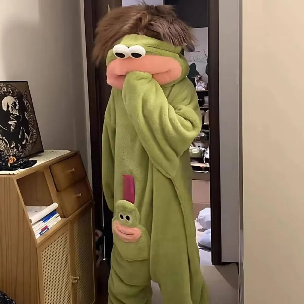 Combinaison Pyjama Kinder Enfant Unisexe Silly Onesie Verte Monstre Costume Deguisement Chaud et Doux Le Plaisir en Famille Détente Confortable Plush Sleepwear Mignon De Dessin Animé Loungewear