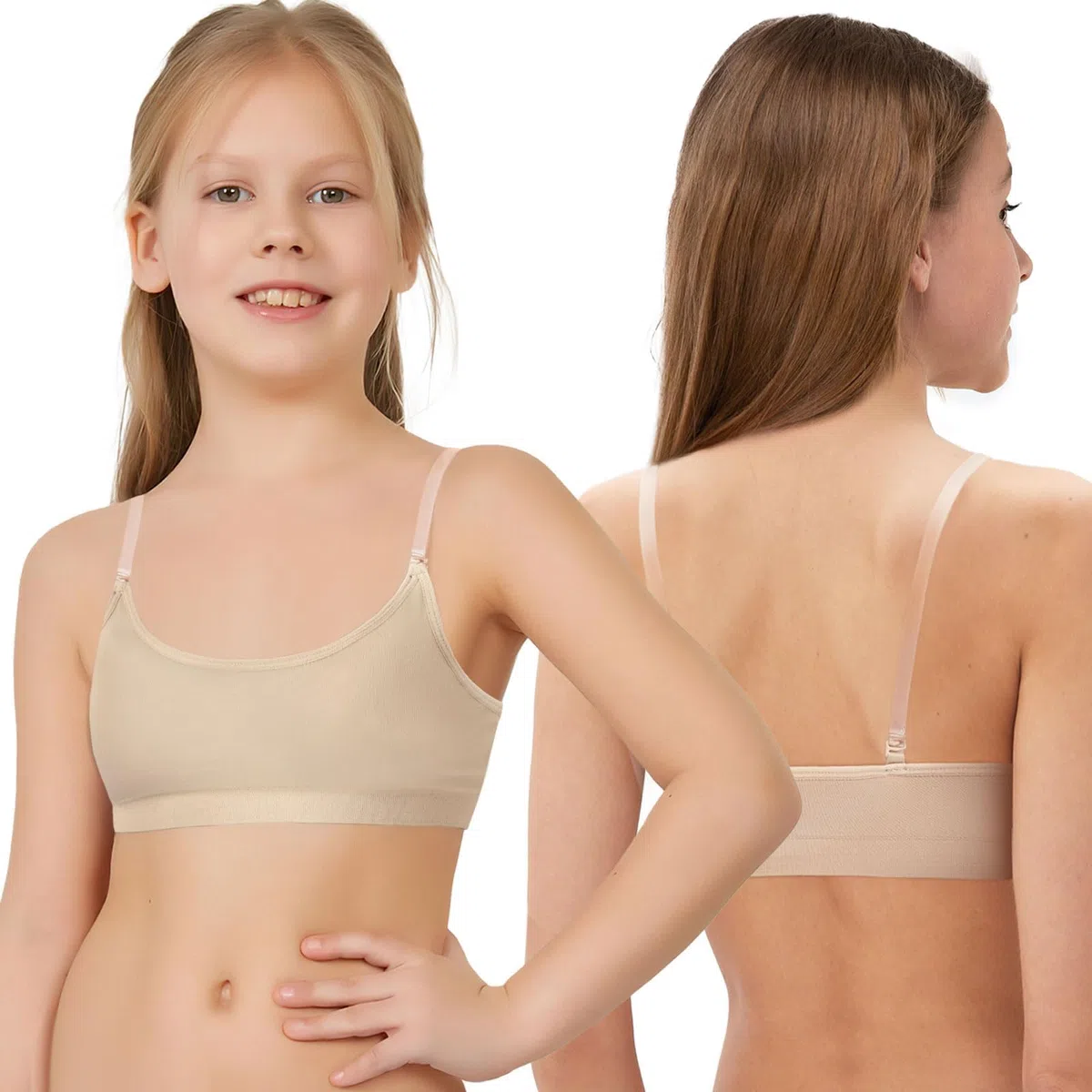Soutien-gorge de danse pour fille - Soutien-gorge élastique sans couture sans fil avec 2 paires de bretelles transparentes réglables et interchangeables et couvertures en silicone