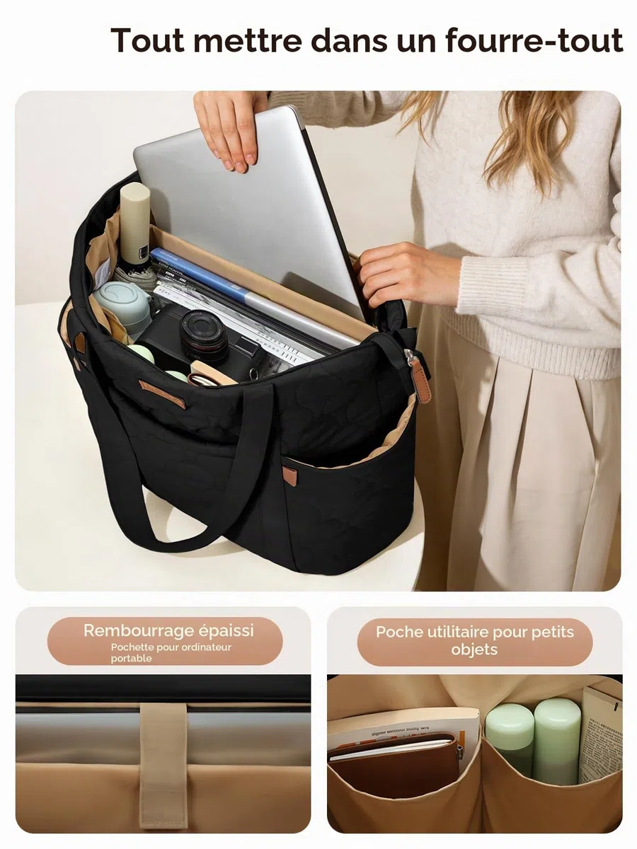 Sac Cabas pour Femme Grand, Sac Fourre Tout pour Ordinateur Portable 15,6 Pouces, Sacs a Main avec Fermeture Éclair, Sacs Bandoulière Léger pour Shopping Université Travail Voyage