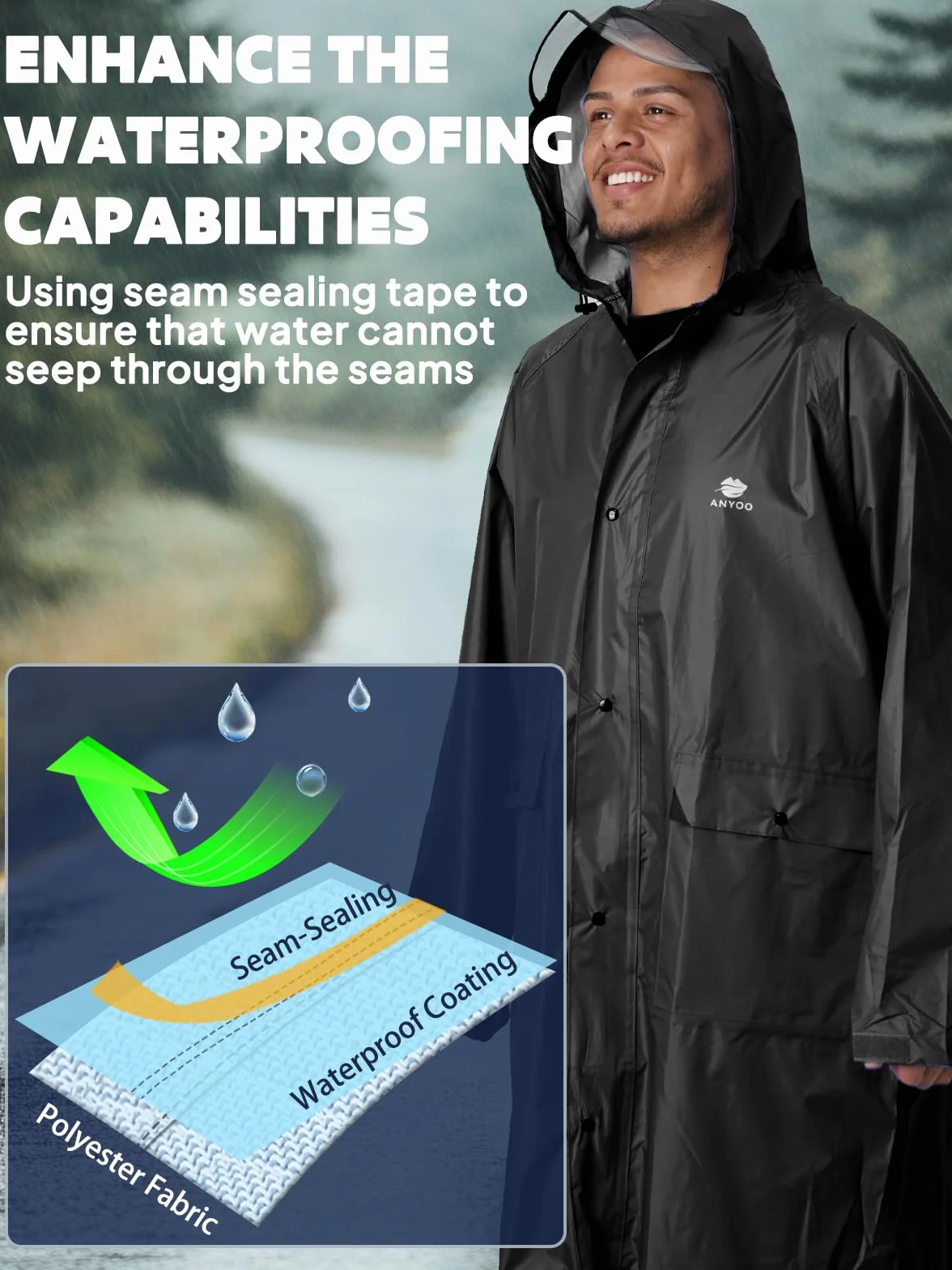 ANYOO Imperméable À l'eau Poncho Réutilisable Ripstop Respirant Multi-Usage Imperméable pour Hommes Femmes avec Capot Bâche Abreuvoir Sol Idéal pour Camping Randonnée Pêche