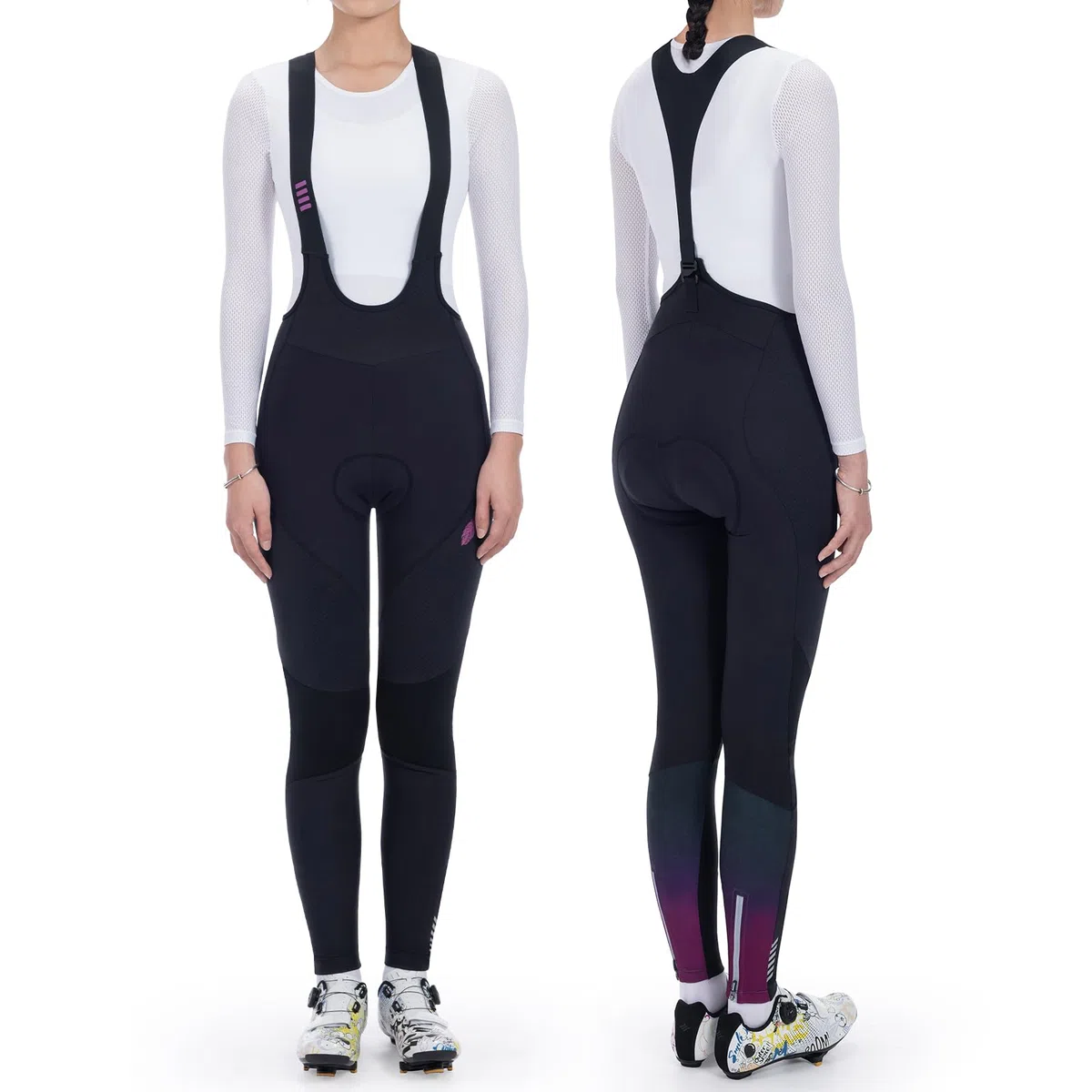 Santic Pantalon de cyclisme long à bretelles pour femme avec rembourrage de siège, fermeture éclair thermique au niveau de la jambe, super élastique, chaud, legging de cyclisme