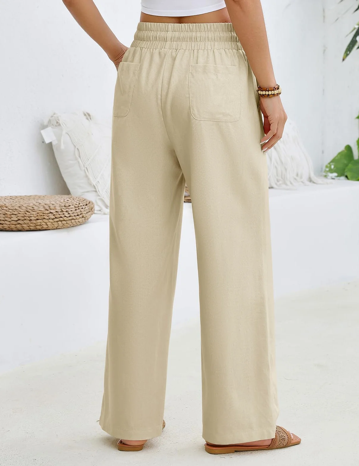 Pantalon Femme Fluide Été Pantalons Lin Taille Haute Elastique Pantacourt Léger Ample Jogging Décontractée Large avec Cordon de Serrage Longueur Pants Chic et Elegant avec Poches