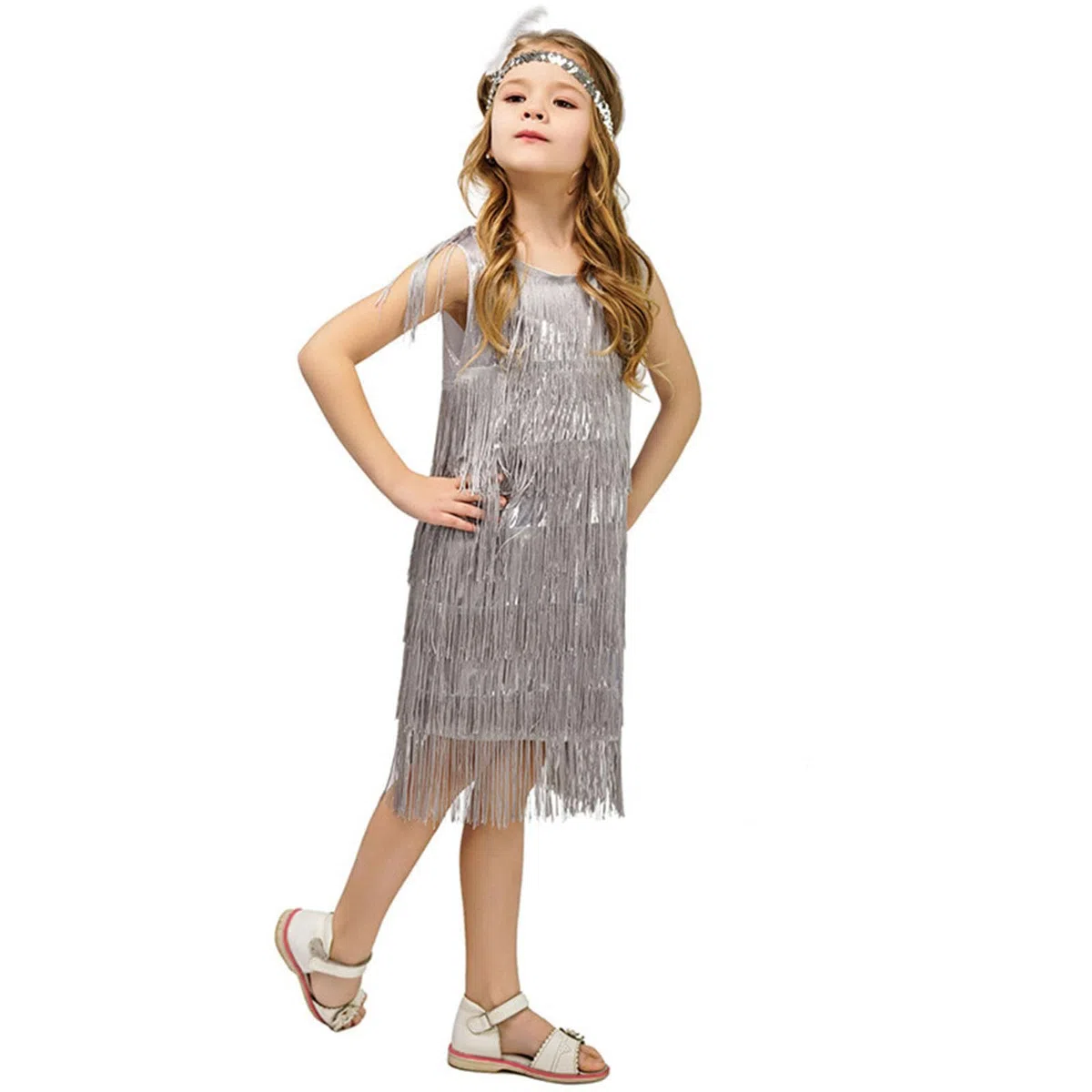 Déguisement Charleston Enfant, Robe Années 20, Costume Carnaval Fille Robe latine à franges scintillantes sans manches pour fille Style vintage Pour salle de bal Jazz Tangos Danse Années Femme