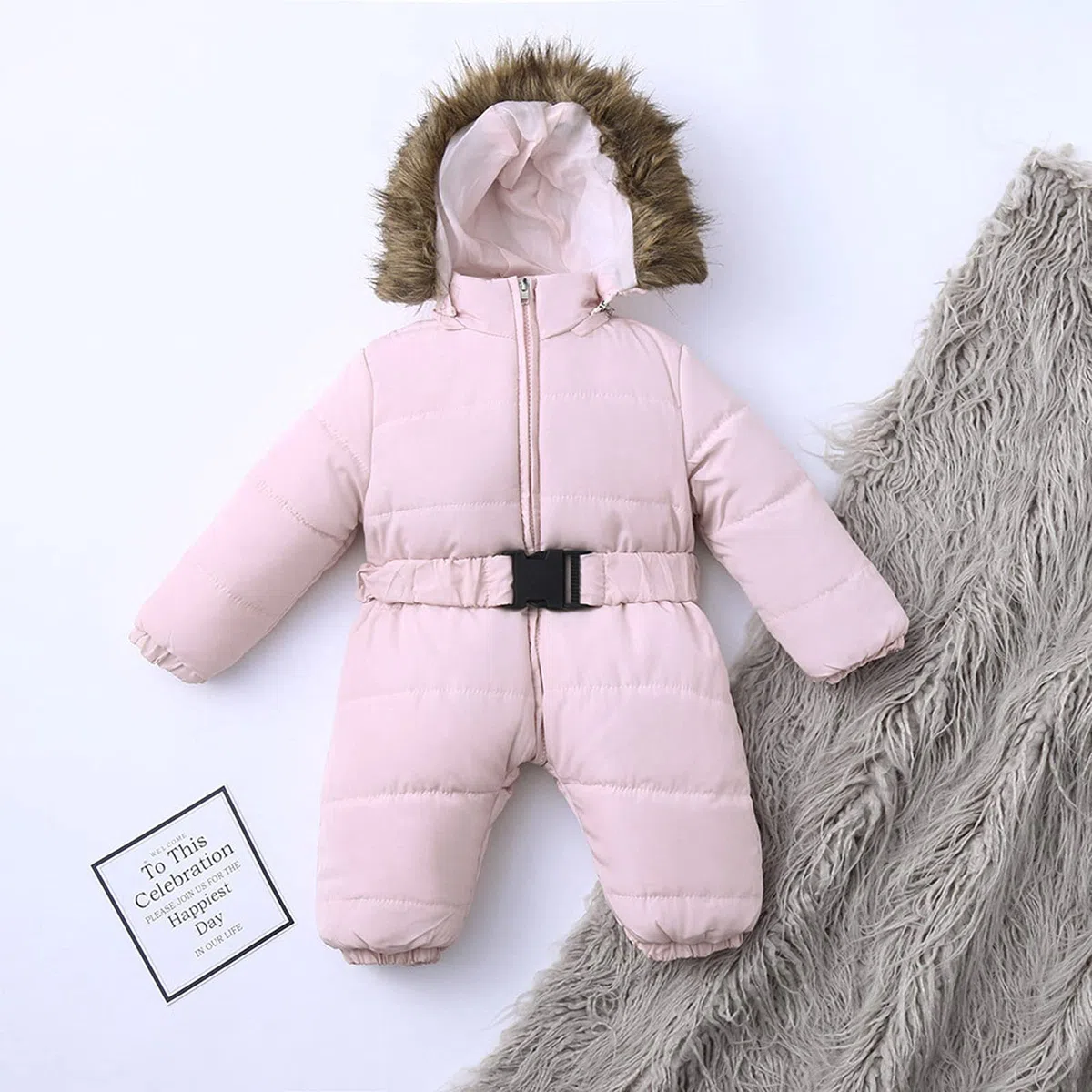 Combinaison de Neige pour Enfants Hiver Bébé Fille Garçon Rembourré à Capuche Fourrure Manteau Couleur Unie avec Ceinture Combinaison De Ski Survêtement Veste Chaud