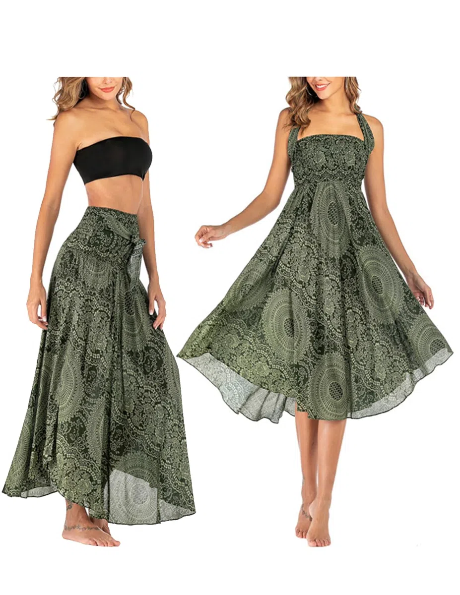 Femme Robe Imprimé Fleurie Ete Boheme Jupe Style Ethnique 2 en 1 sans Manche Plage Strap Wrap Taille Unique