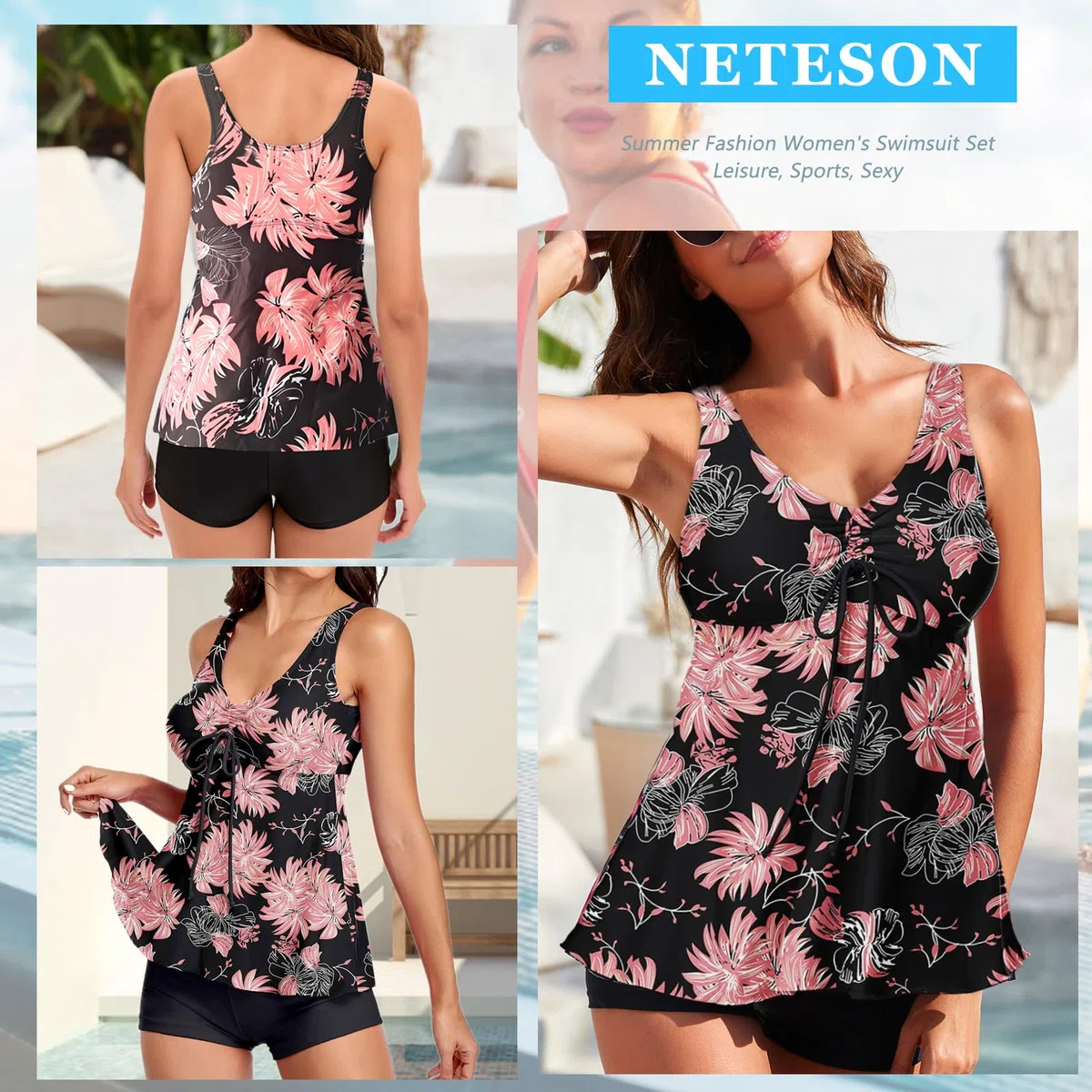 Maillot de Bain Femme 2 Pieces Tankini Imprimé Rembourré Maillot avec Short Débardeur Bikini Beachwear