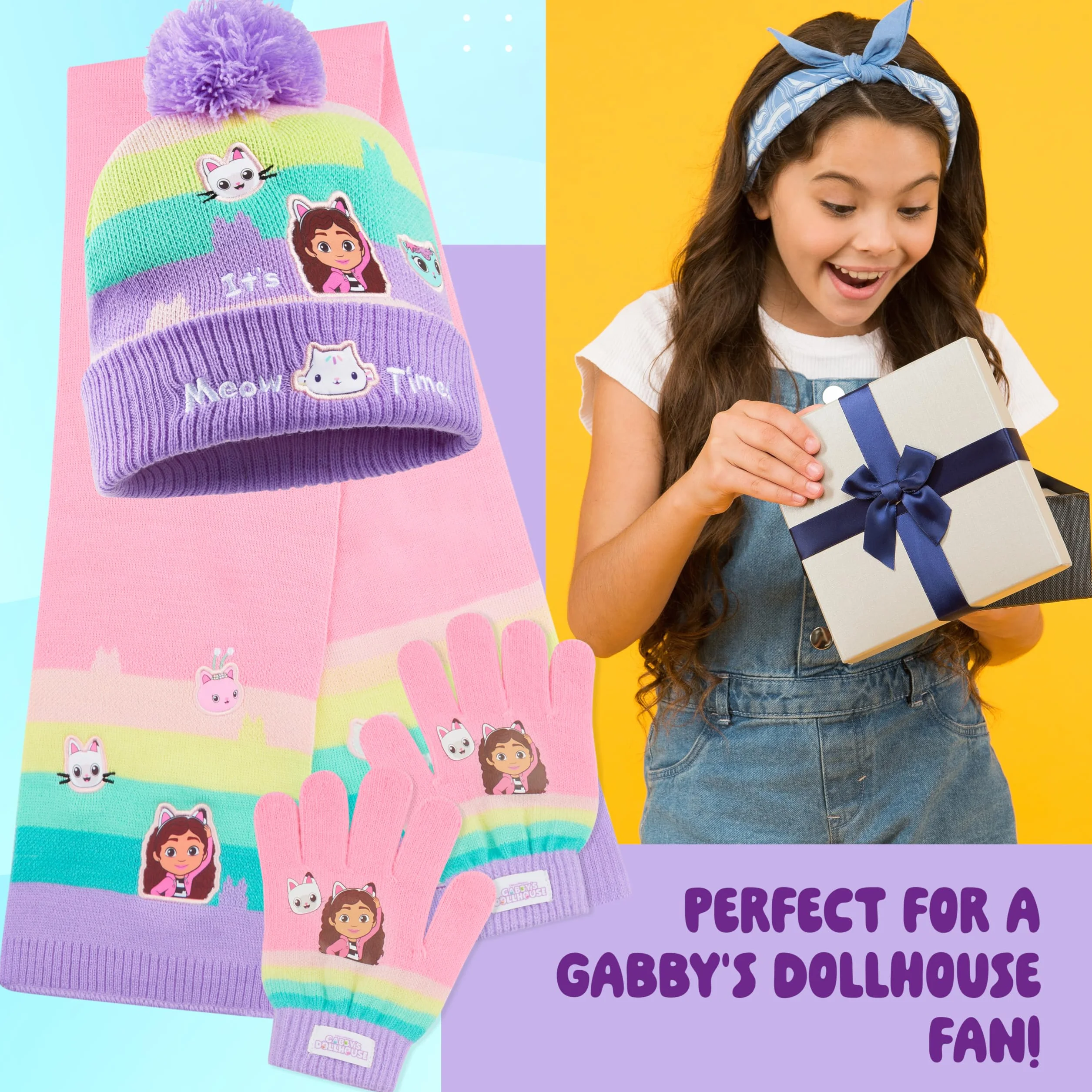 Gabby's Dollhouse Ensemble d'Accessoires d'Hiver Fille, Bonnet, Écharpe et Gants - Cadeau Enfant