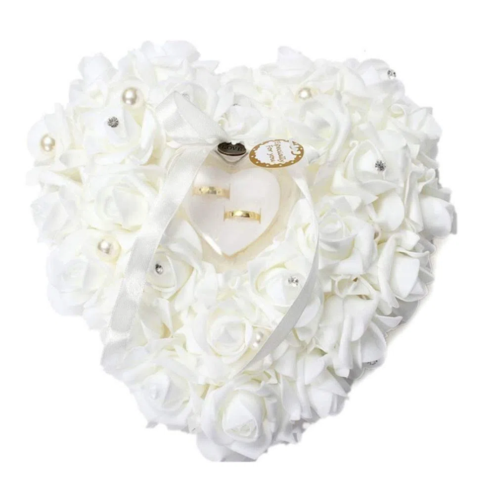 Wakects Coussin de Mariage Romantique en Forme de cœur avec Roses pour alliances en Satin, Accessoires de Mariage 24 x 25 cm