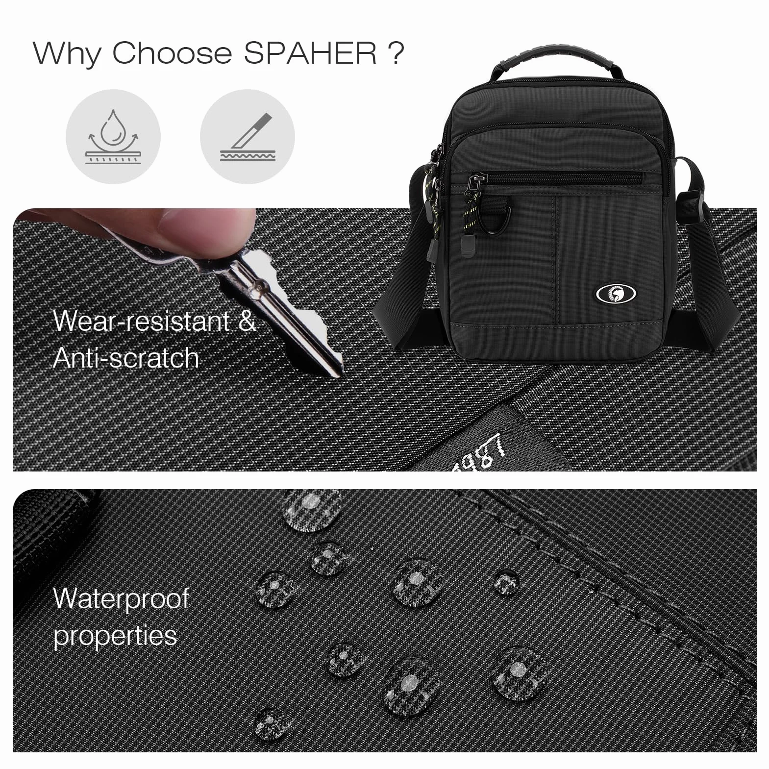SPAHER Sacoche Homme Bandouliere Sac Porté Epaule Entreprise Sac a Main Nylon Imperméable Sac Besace Pochette Homme Bandoulière Sacs D'épaule pour Usage Voyage Randonnée et Sports Noir