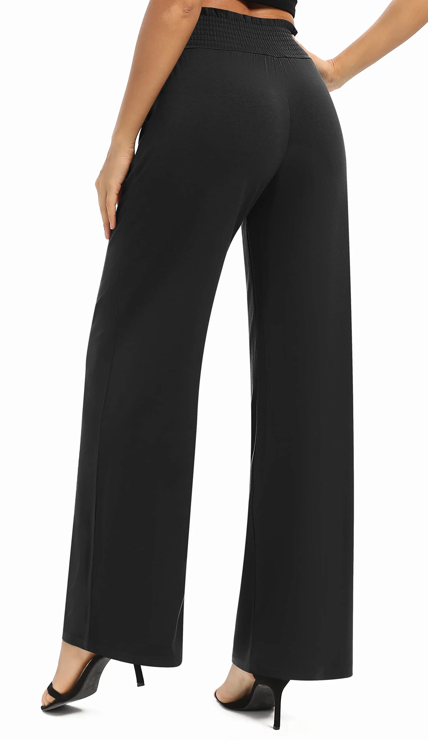 EXCHIC Femmes Solide Ample Jambe Droite Palazzo Pantalon Taille Haute Extensible Décontractés Pantalon avec Poches