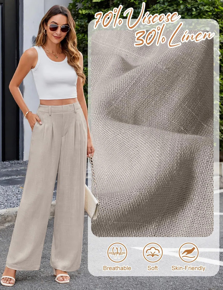 CMTOP Pantalon Lin Femme Été à Jambe Droite Ample Décontracté Fluide Taille Haute avec Cordon de Serrage Elastique et Poches