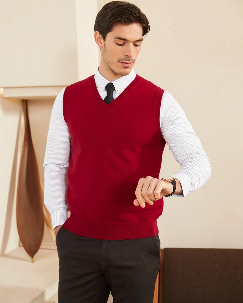 Kallspin Hommes Gilets en Coton sans Manches Col en V Gilets tricotés Pull-Over Relaxed Fit Sweater Vest