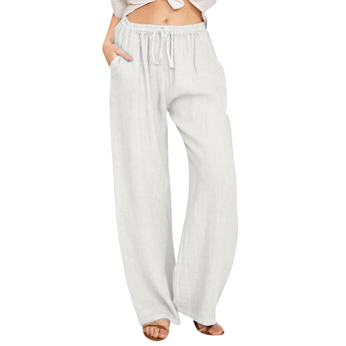 2026 Pantalon Fluide Femme Été Pantalon Lin Femme Lin Pantalons Chic et Elegant Décontractés Léger Respirant Ample Large Femmes Vetement Mode Tendance Pants avec Poches Taille Elastique Ete Leger
