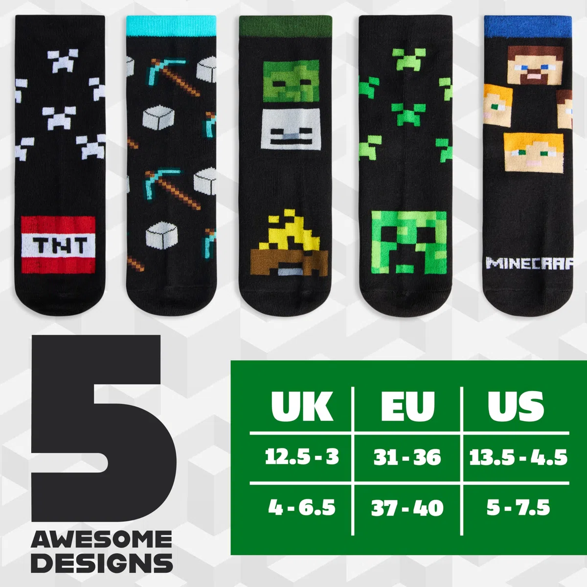 Minecraft Chaussette Enfant Garçon Mi-mollet, Paquet Multiple Chaussettes Fantaisie, Gaming Merchandise, Cadeau Gamer