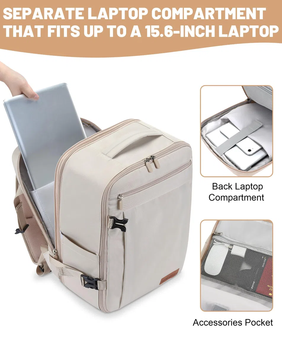 Bagage Cabine 40x30x20cm Extensible, Sac à Dos de Voyage, Sac Cabine Avion 24L-30L pour Vueling/Transavia, avec Compartiment PC 15.6" - Beige Crème