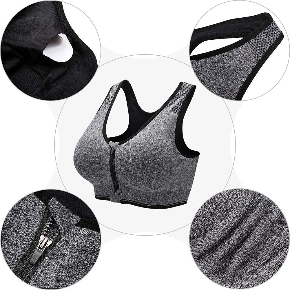 ZOEREA Soutien-Gorge de Sport Femme Zippée Devant Push Up sans Armature Lingerie Bra Courir Vest Coussinets Amovibles pour Fitness Jogging Yoga Course