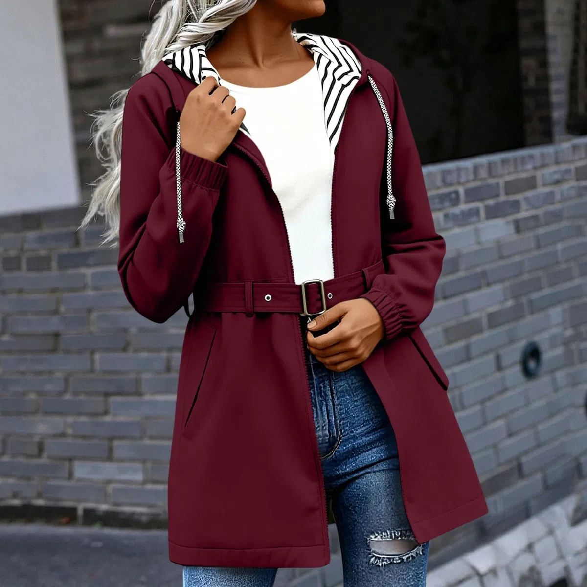 Générique Veste Imperméable Femme,Ciré Veste À Capuche Légère Coupe-Vent Respirant,Manteau De Pluie Mi-Saison Fermeture Éclair Chic Et Élégant,Blouson De Plein Air Randonnée Quotidien Voyages