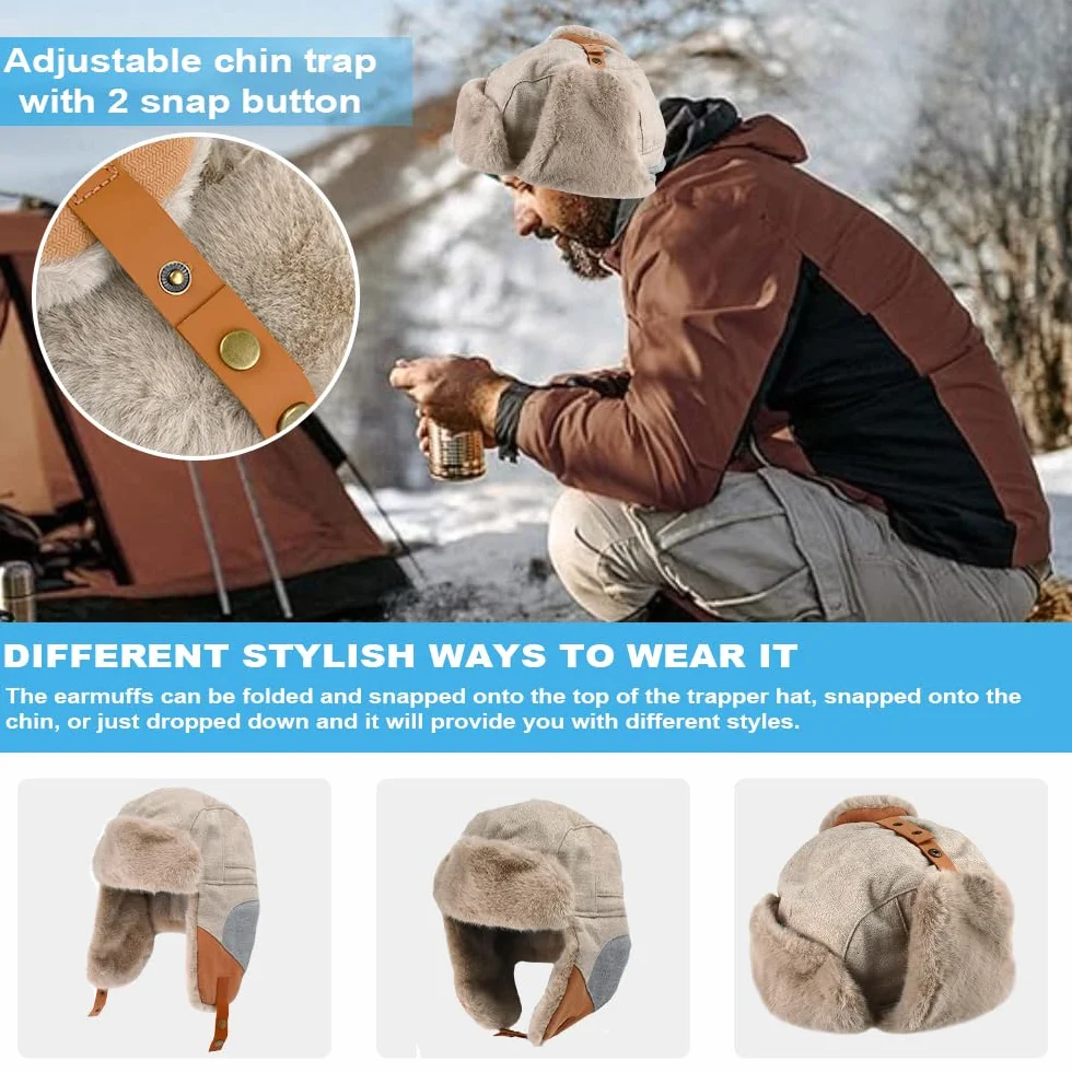 NAROSEBE Chapeau de Trappeur Coupe-Vent, Chapka Fourrure Avec Cache Oreilles, Bonnet Russe, Chaud Anti-Froid Pour Homme, Ski, Cyclisme, Camping, Pêche