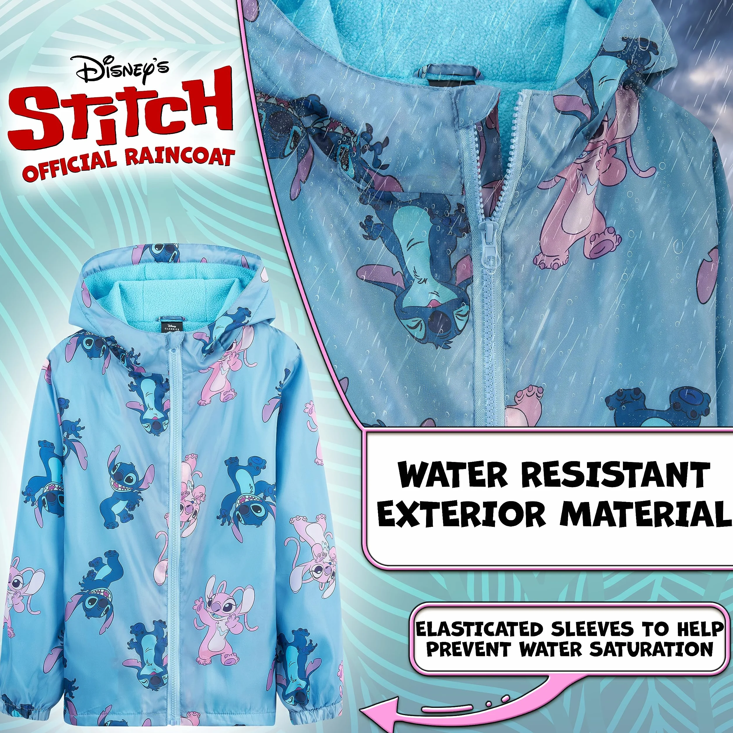 Disney Veste Stitch, Impermeable Enfant Fille, Veste de Pluie Enfant avec Doublure en Polaire, Vêtement Enfant Fille Ado 4-14 Ans