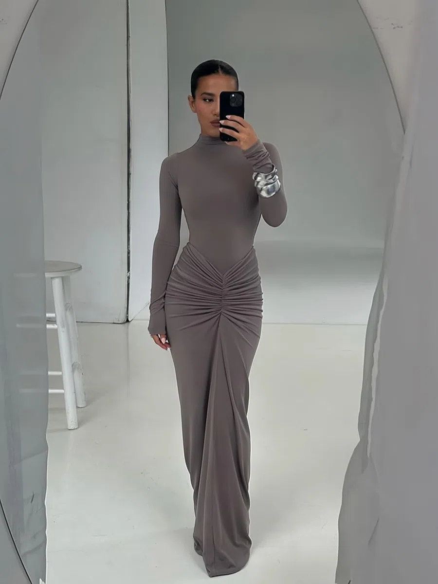 Robe Femme Élégante Maxi Robes Moulante Col Montant Manches Longues Sexy Slim Froncée Robe Longue Automne Hiver Tendance Robes Crayon de Soirée Cocktail Clubbing Mariage Casual Streetwear