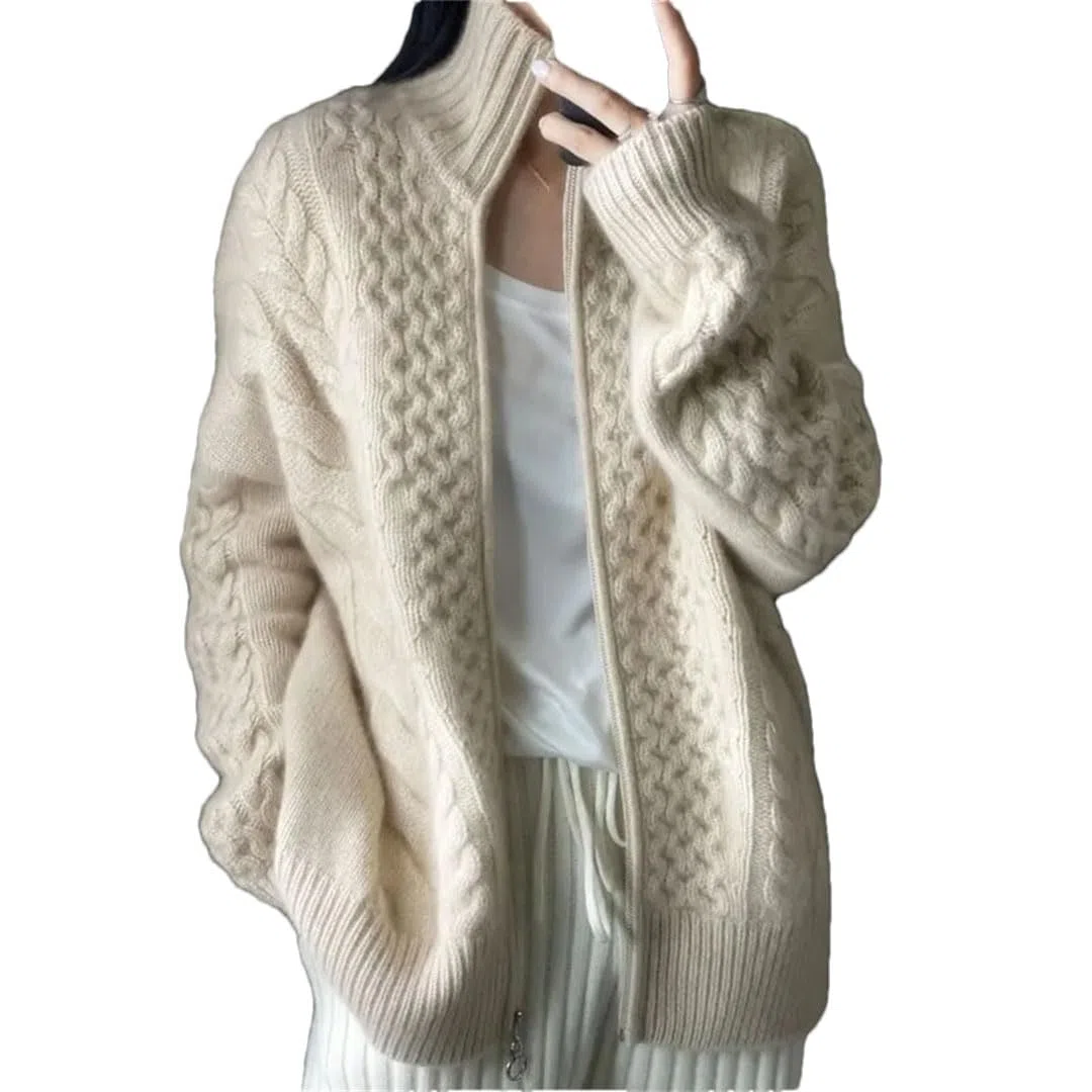 Cardigan Tricoté en Cachemire À Col Roulé pour Femme, Pull en Laine Ample, Grande Taille, Haut De Veste