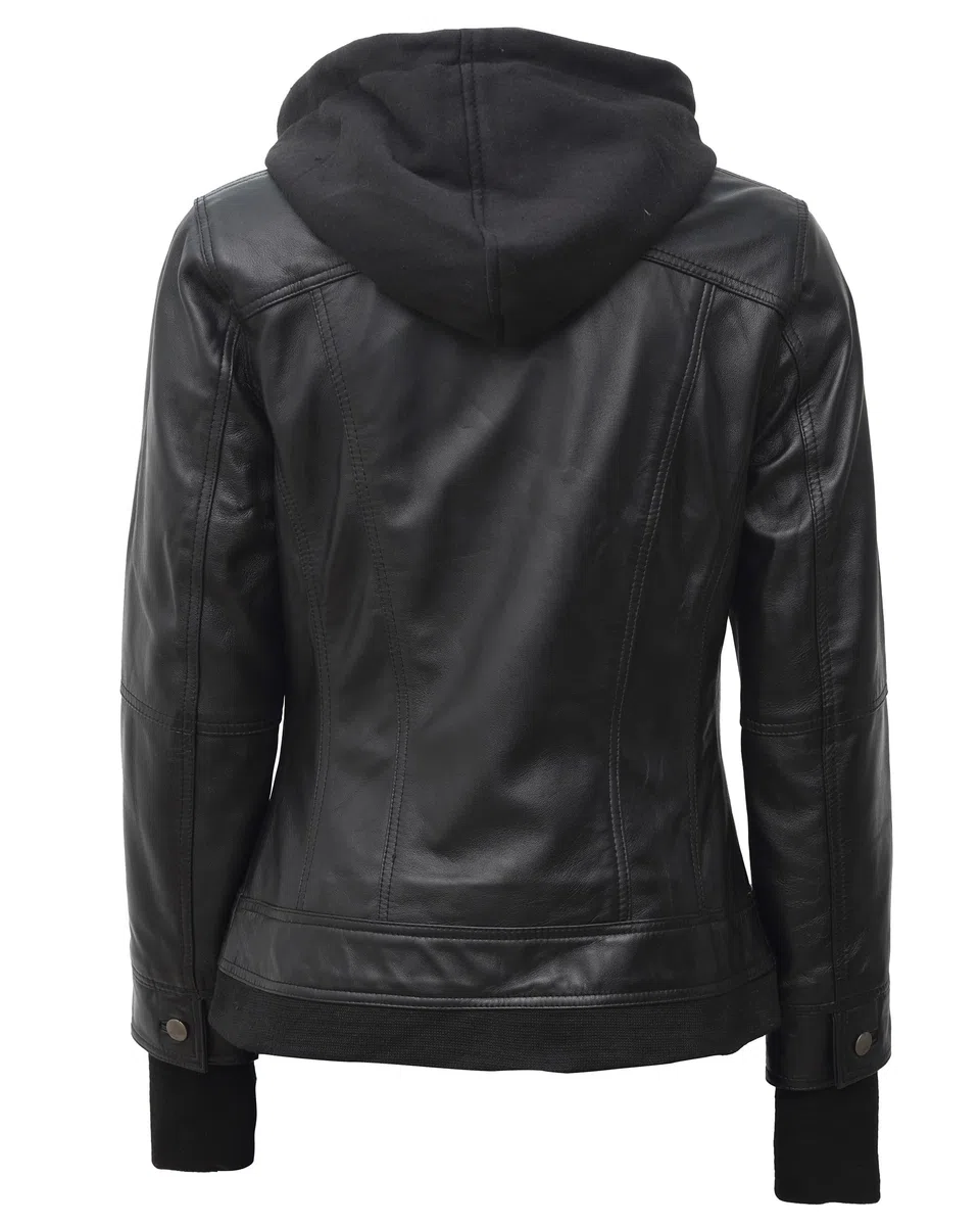 fjackets Blouson bomber à capuche en cuir d'agneau véritable pour femme avec capuche amovible