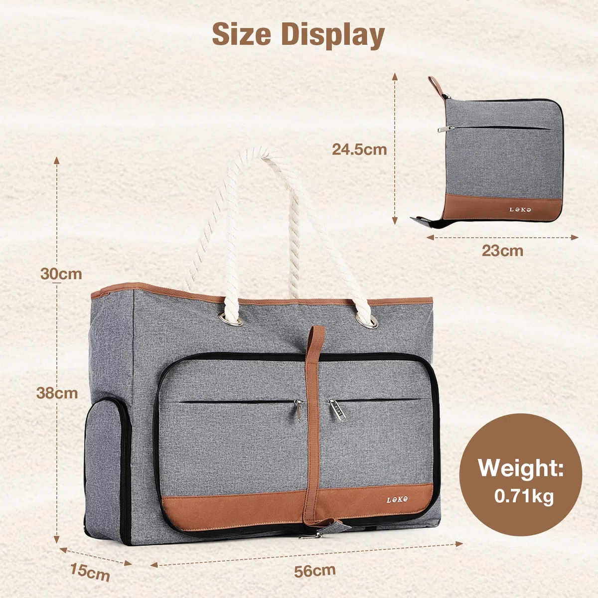 XXL Grand Sac de Plage Femme avec Compartiment Chaussures Séparé, 35 Litres - Cabas Plage Pliable Imperméable, Idéal pour la Plage, les Voyages et un Usage Quotidien - Gris