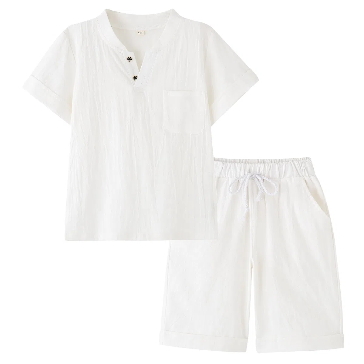 BINIDUCKLING Ensemble 2 pièces pour garçon avec col Henley et short - En coton et lin - Pour enfants de 4 à 14 ans