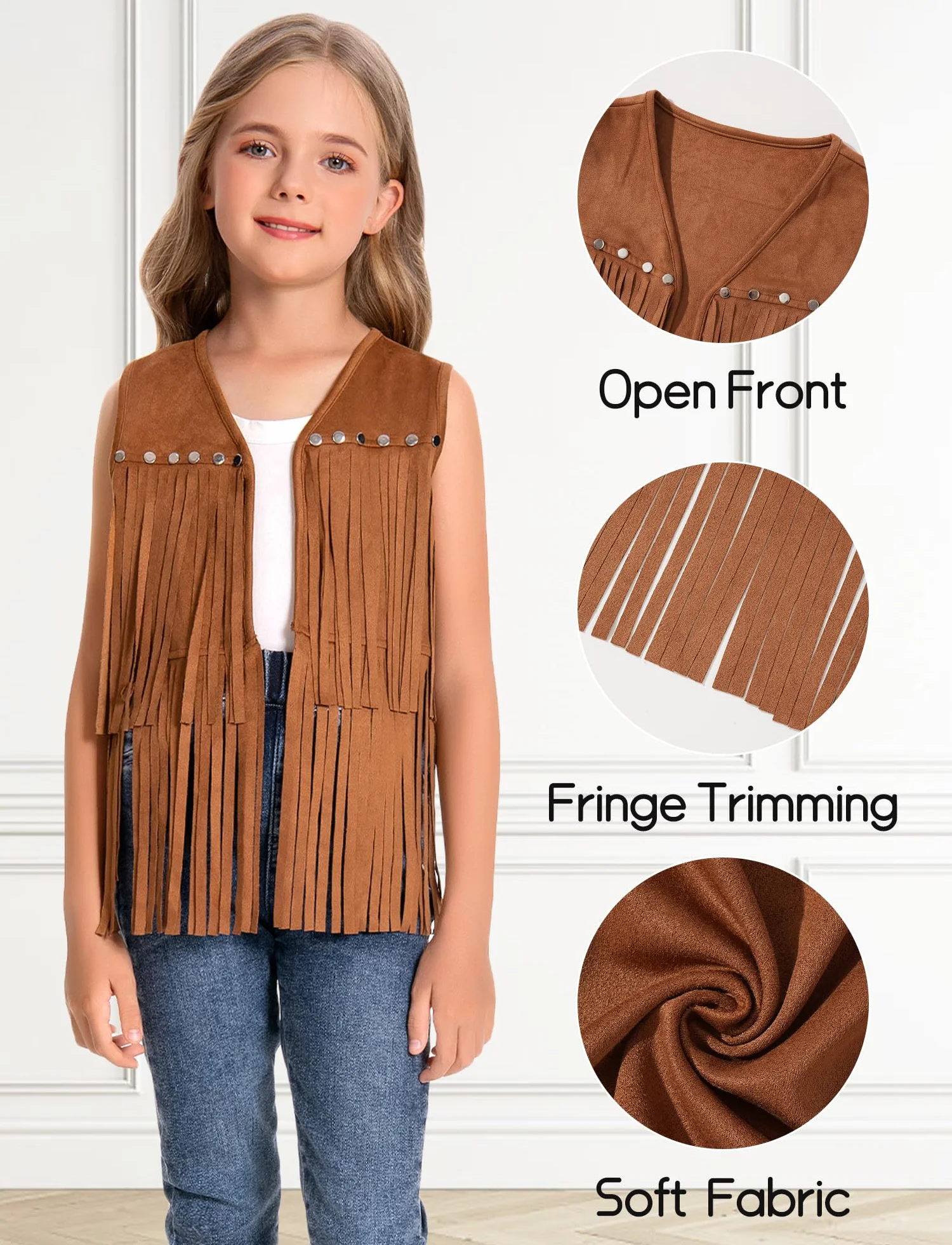 SEAUR Gilet à Franges pour Fille Hippie Gilet Cowgirl Western avec Rivets Veste Sans Manches en Similicuir Vêtements Style Années 60-70 Enfants 5-12 ans