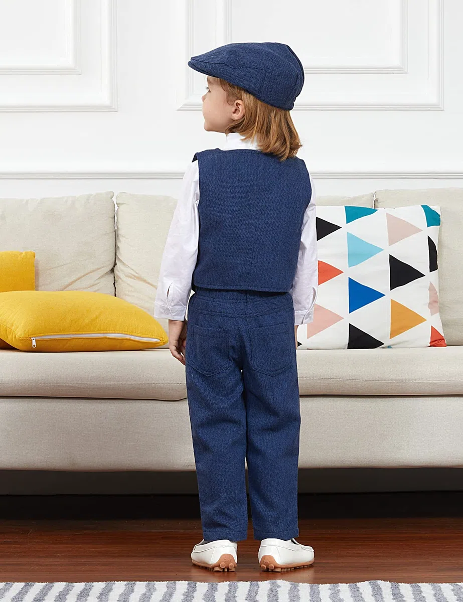 mintgreen Ensemble Bébé Garçon en Tweed à Chevrons, Smoking de Mariage 4pcs Chemise + Pantalon + Gilet + Casquette 1-4 Ans