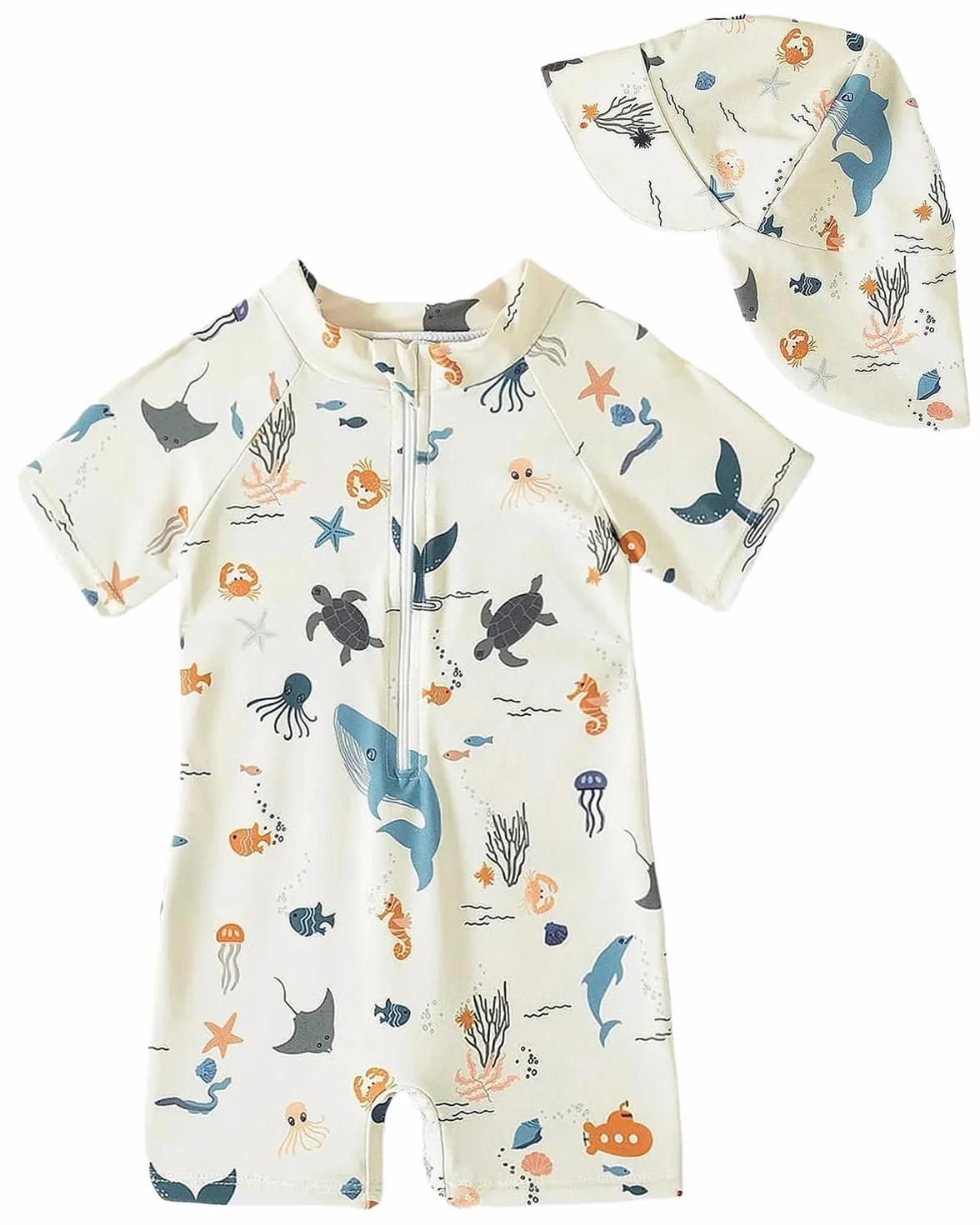 WYTbaby Maillot de bain pour bébé - Vêtement UV - Une pièce - Manches courtes - Protection UV - Pour bébé garçon - Avec chapeau de soleil