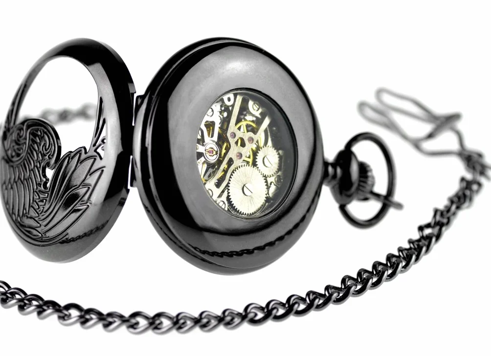 Unendlich U Infinite U Aigle/Ange/Phénix Bleu Chiffre Romains Cadran Mécanique Montre de Poche Squelette en Acier Pendentif Collier Noir