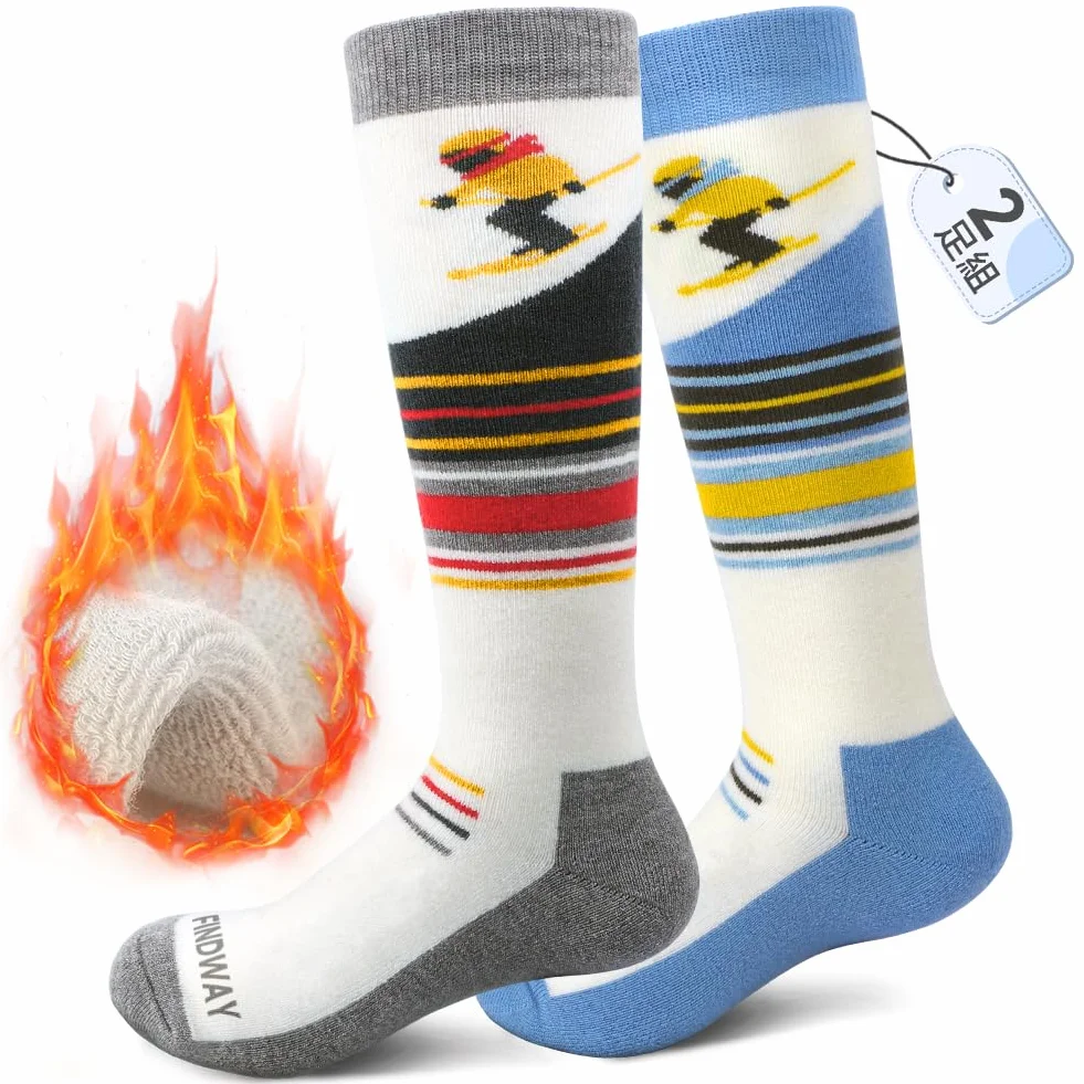 Findway Chaussettes de Ski pour Enfant en Laine Mérinos, Chausettes Thermiques de Ski Enfant Filles et Garçons Souples Respirantes pour Ski Snowboard, 2 paires/3 paires