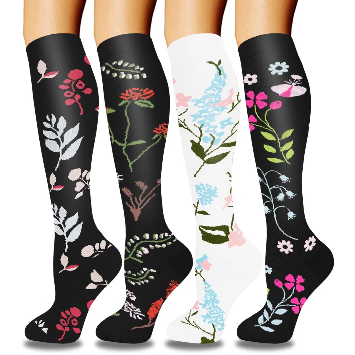 ACTINPUT Bas de Contention Femme et Homme，4 Paires Chaussettes de Compression pour Sportive, Cyclisme, Voyage en Avion, Course à pied, de Grossesse，de Vol et de Voyage