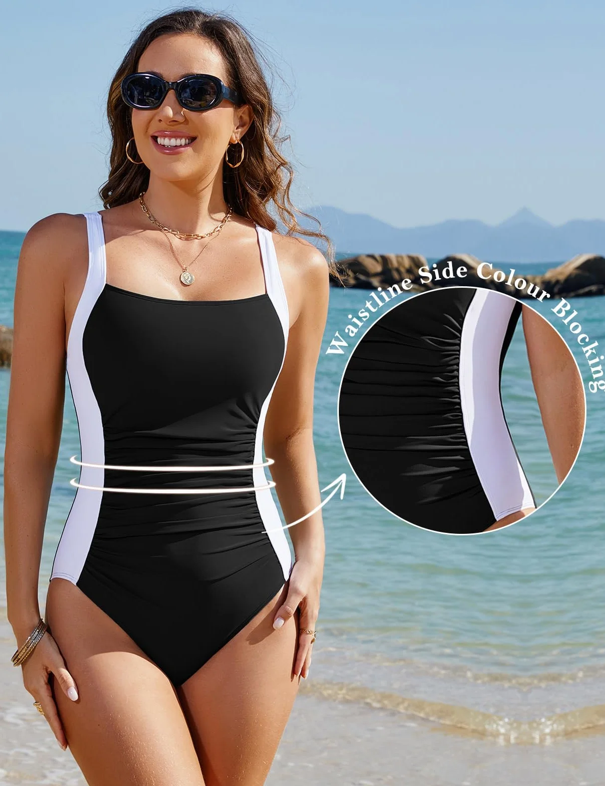 Maillot Bain Femme 1 Piece Ventre Plat Amincissant Swimwear Push Up Rembourré Blocage des Couleurs Maillot de Bain Piscine de Plage