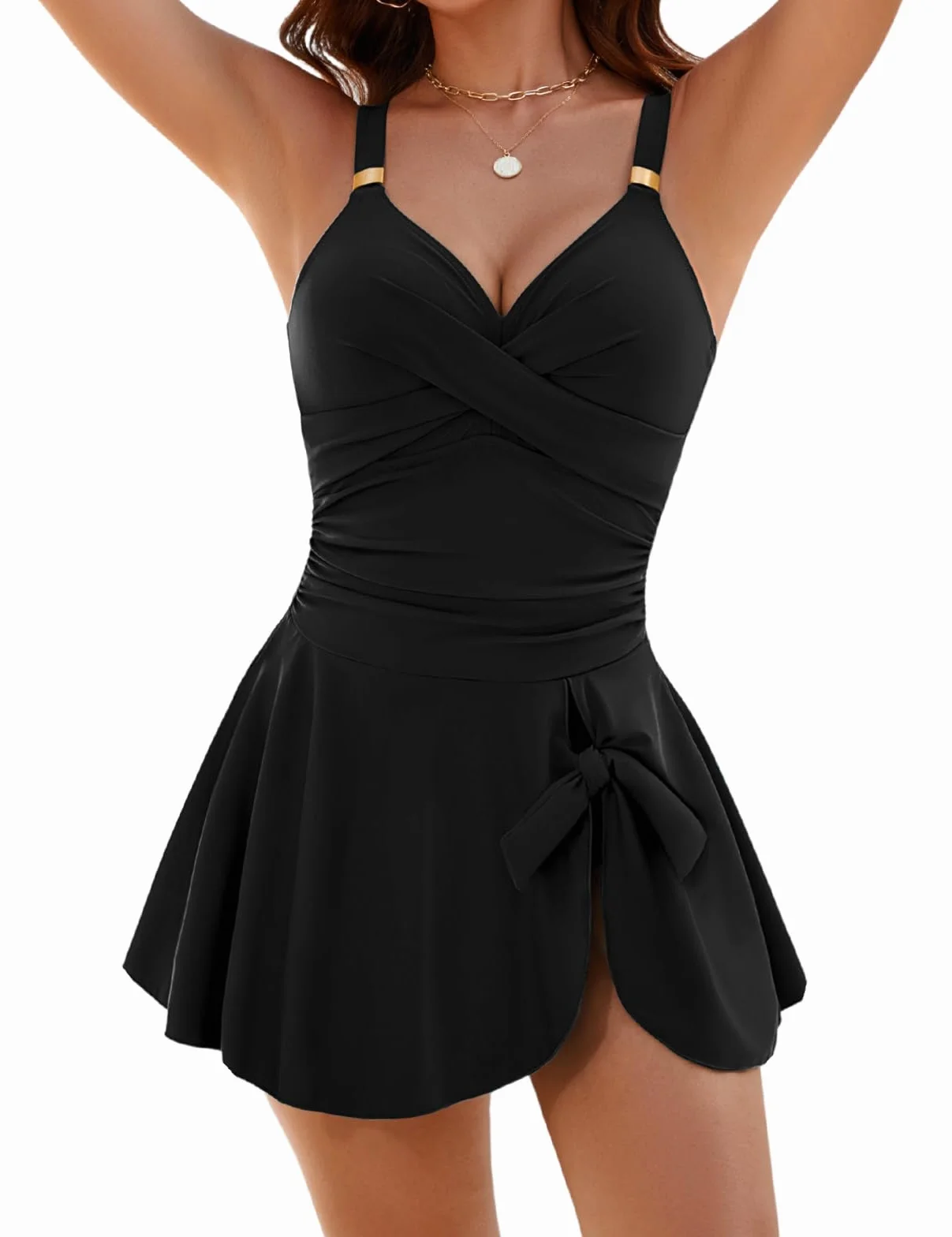 Maillot de Bain Femme 1 Pieces V Neck Ruched Gainant Ventre Plat Swimsuit Push Up Rembourré avec Bandoulière Réglable Swimdress