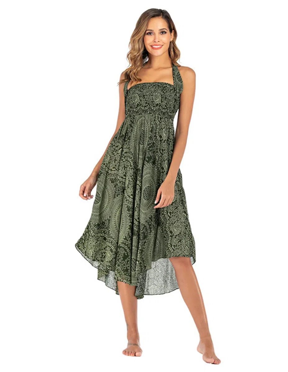 Femme Robe Imprimé Fleurie Ete Boheme Jupe Style Ethnique 2 en 1 sans Manche Plage Strap Wrap Taille Unique