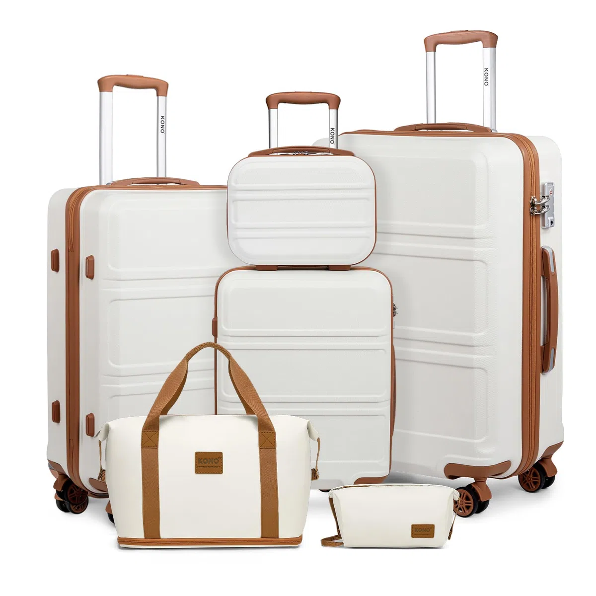 Kono Set de 6 Valises de Voyage Rigide (55/65/74cm) à 4 roulettes, avec Vanity Case, Sac de Voyage Pliable pour Le Sport et Trousse de Maquillage, Blanc Crème