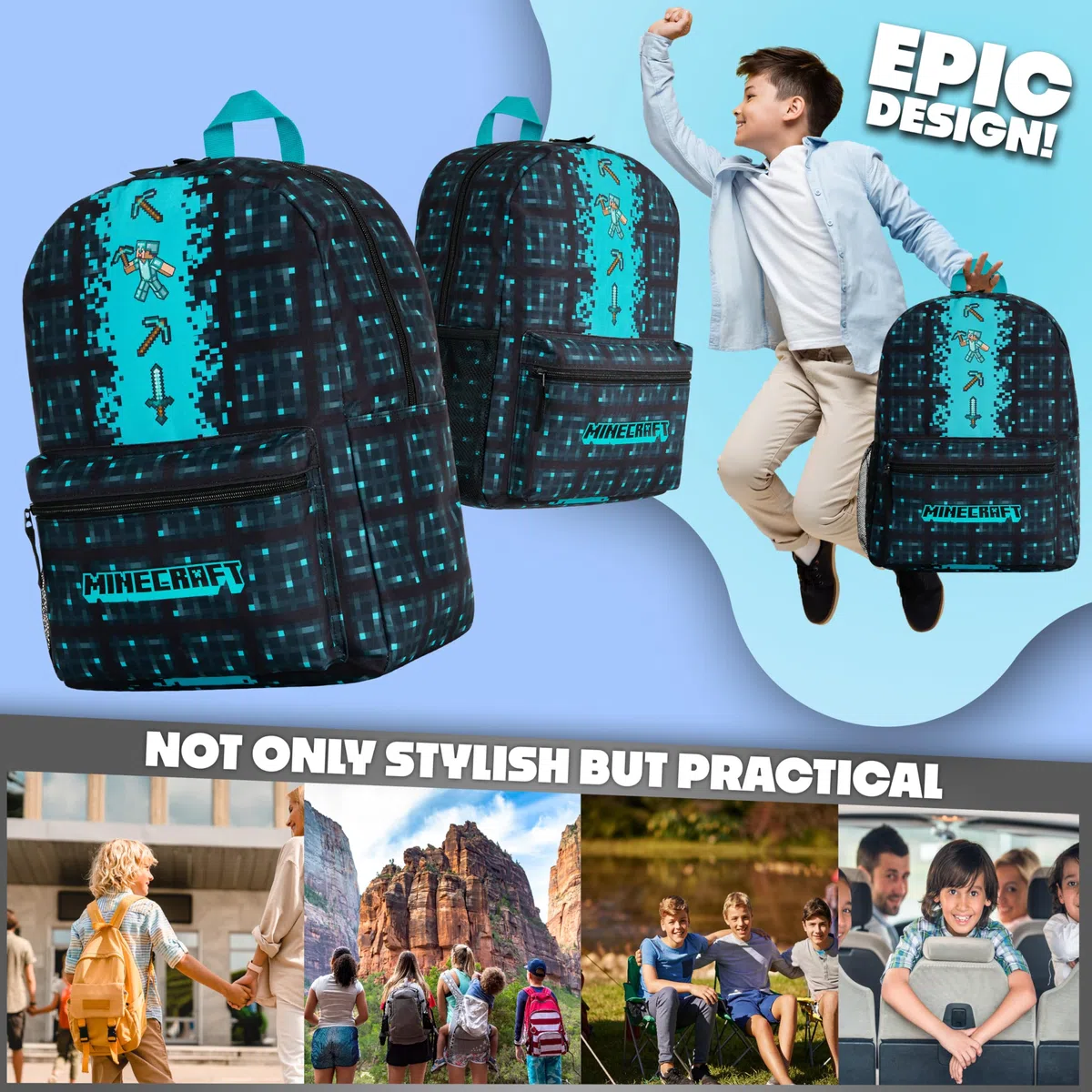 Minecraft Sac à Dos École pour Enfants Avec Poche Avant Zippée pour Le Sport, La Salle de Sport (Bleu)
