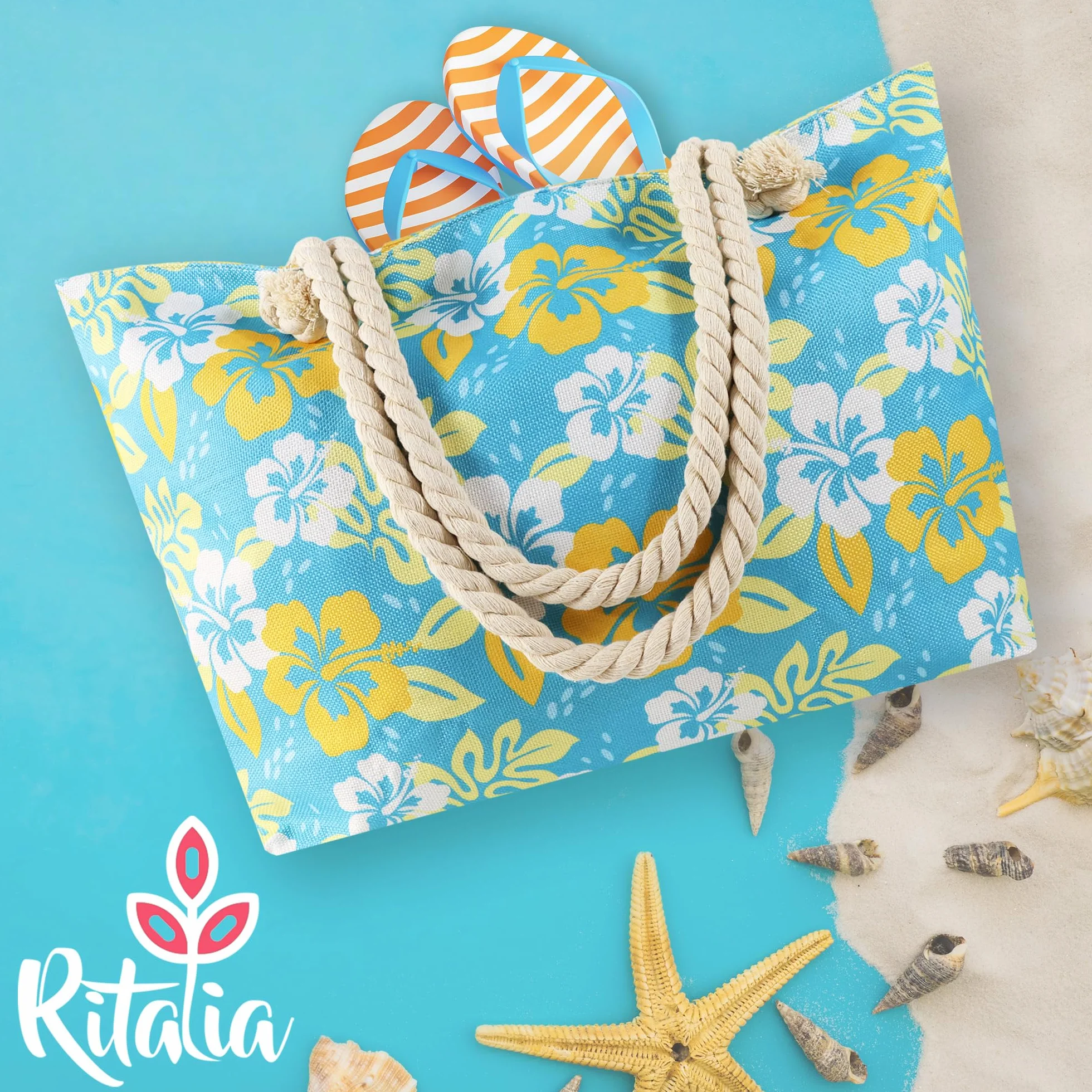 Ritalia® Grand sac de plage XXL familial | Sacs de plage pour femme et sac de piscine | Sac de plage imperméable avec fermeture éclair | Panier de plage pour femme | Sac de plage pour familles