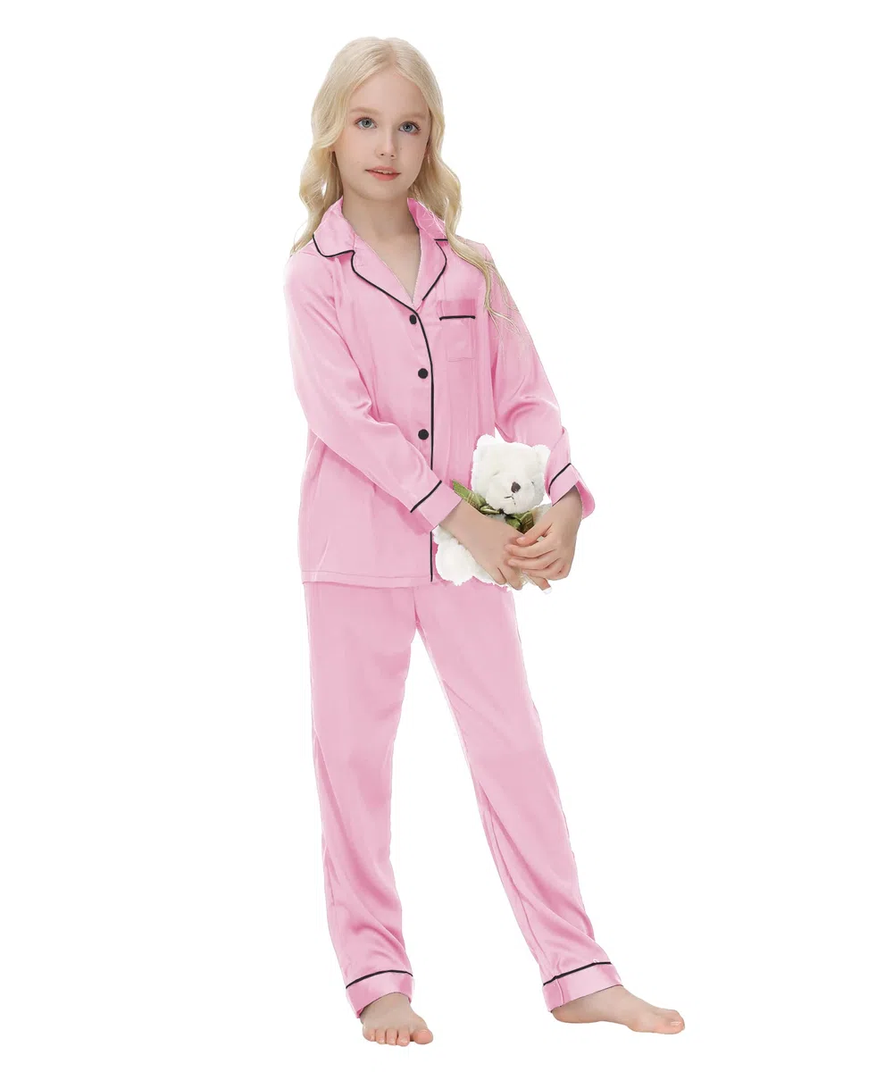 Verve Jelly Enfants Bébé Fille Garçon Satin Pyjama Ensemble À Manches Longues Hauts Boutonnés Pyjama Chemise + Pantalon Long Bas Pantalon Vêtements De Nuit Tenues