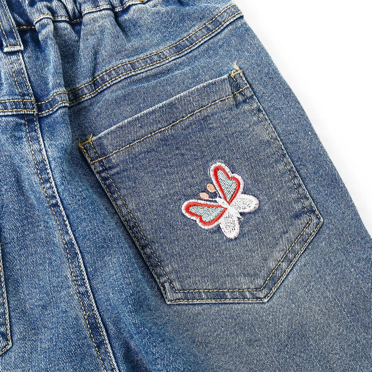 KIDSCOOL SPACE Jean Fille, Ceinture Élastique, Denim Stretch Brodé, Bleu