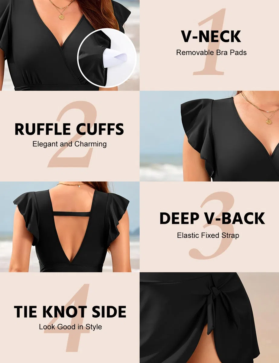 Maillot de Bain Femme 1 Pieces À Manches Volantée Col en V Maillot de Bain Jupe Ruched Ventre Plat Swimsuit Élégant Été Swimwear