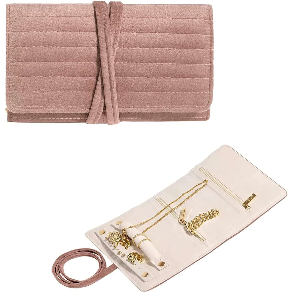 Pochette Bijoux Voyage, Rouleau de Rangement Bijoux en Velours, Porte Bijoux pour Femmes, Sac de Organisateur pour Colliers, Bracelets, Boucles d'oreilles, Idéal pour Voyage, Vacance, etc
