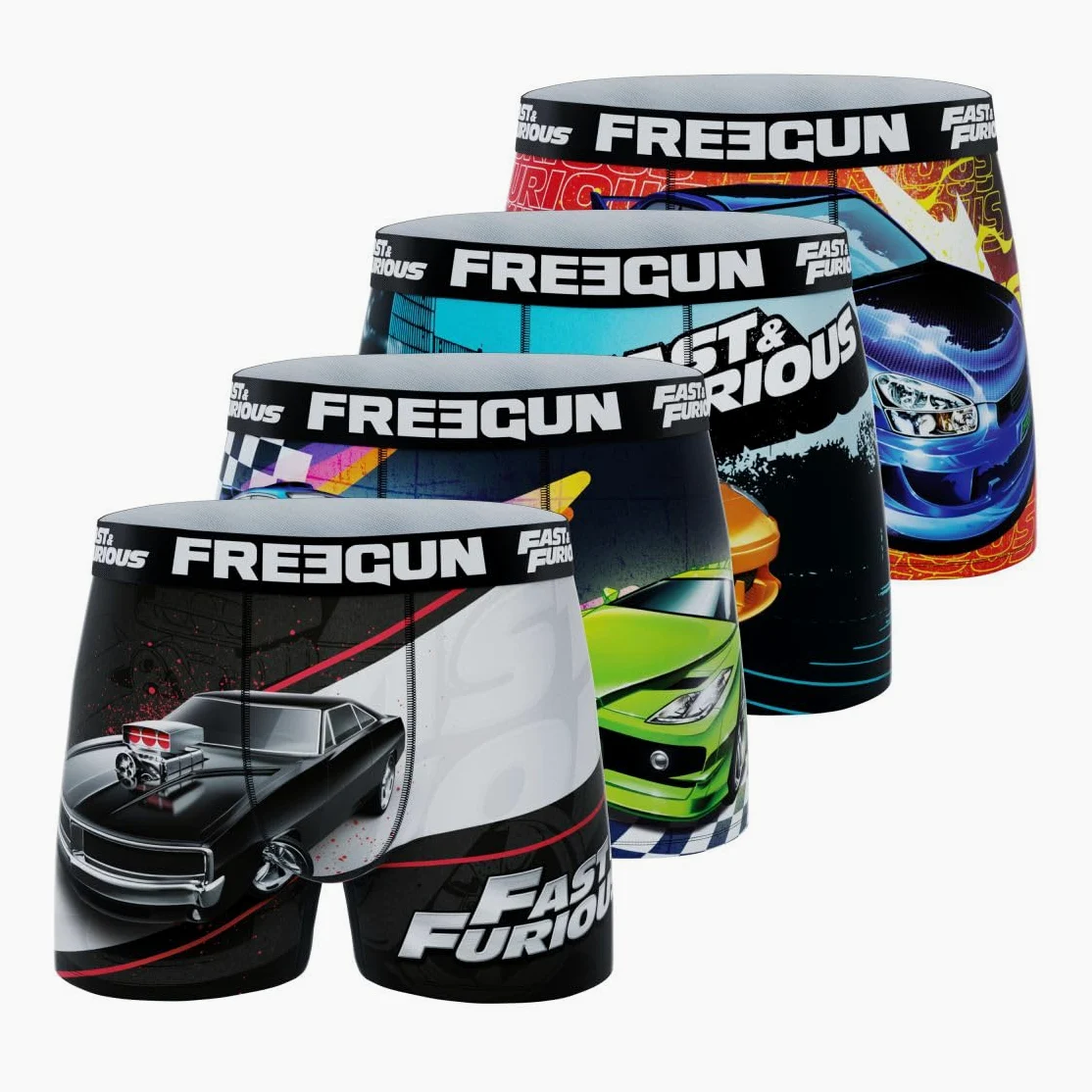 FREEGUN Boxer Homme Fast and Furious, Caleçon Homme Racing, Original et Doux (Lot de 4)