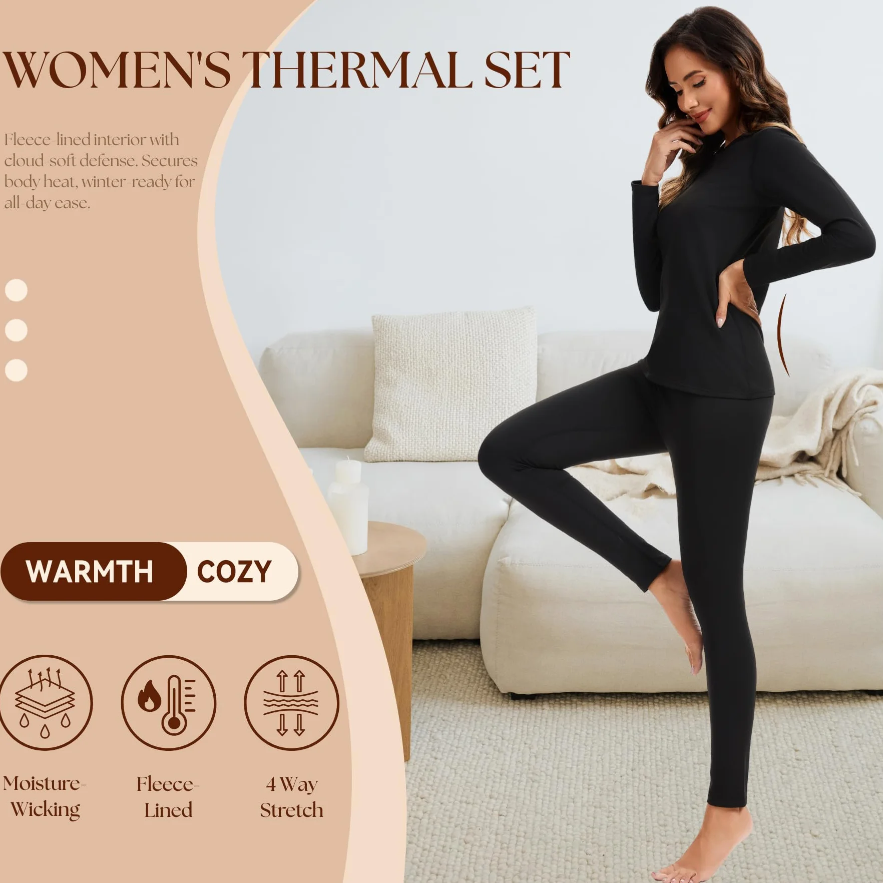 AMZSPORT Set de sous-vêtements Thermiques pour Femme - Combinaison Hiver Respirante avec Doublure Polaire, Haut Manches Longues & Leggings Doux pour Ski et Activités Extérieures