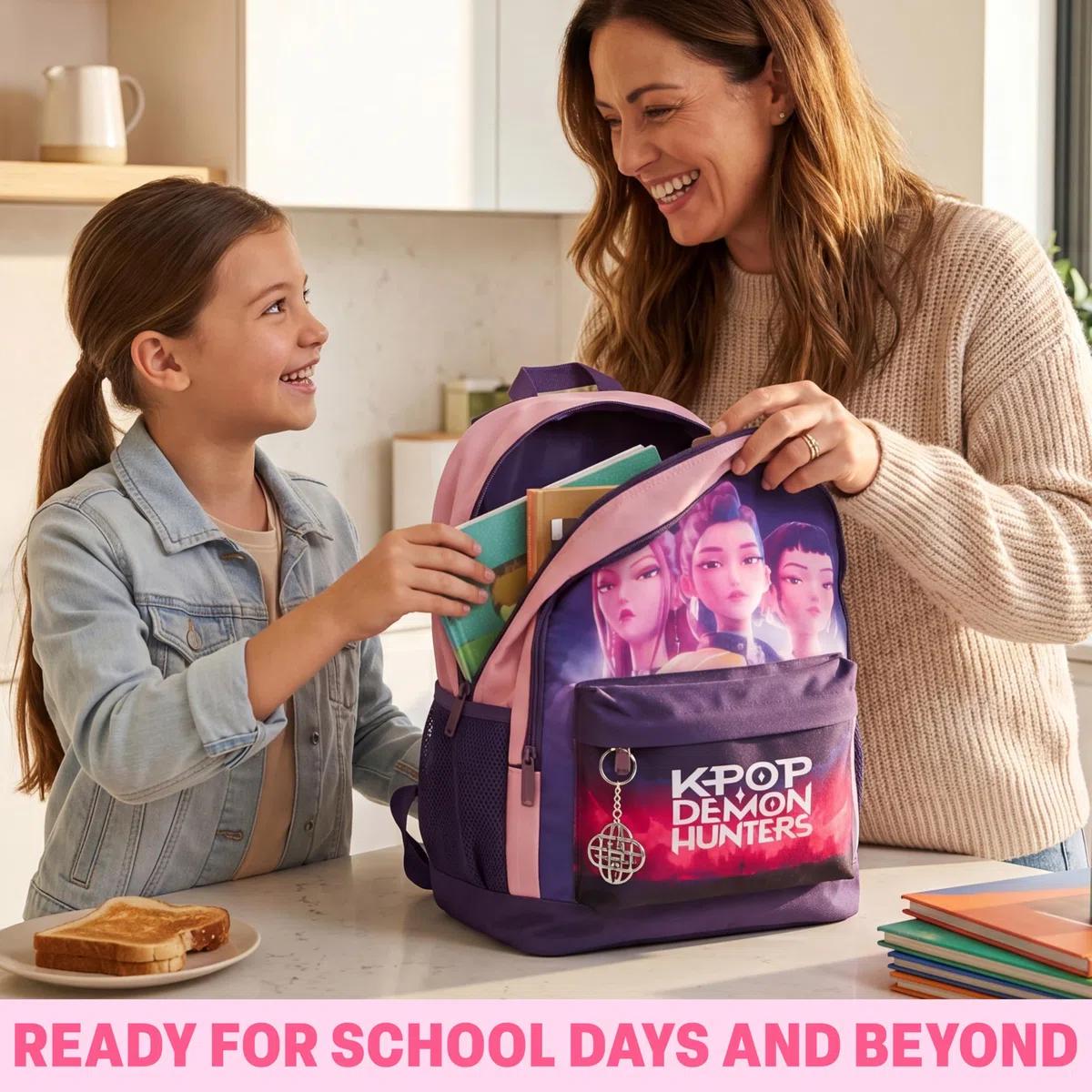 Get Trend Kpop Demon Hunters Huntrix Sac a Dos Enfant Fille, Fermeture Eclair et Rembourré Cartable Enfant avec Porte Clef, Cadeau Fille (Violet/Rose)